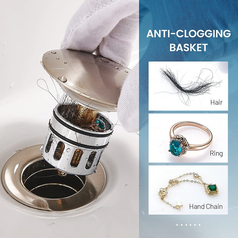 REGALMIX Vessel Sink Drain for Bathroom, Pop-up Drain With Detachable Basket Stopper, Anti-Explosion And Anti-Clogging Drain Strainer, Sink Drain Assembly With Overflow Brushed Nickel, REGALMIX RWF083J - Image 4